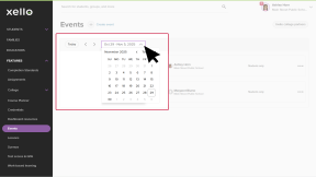 Events page in Xello. The date range dropdown is open and the cursor is selecting a date